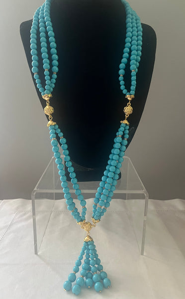 Turquoise Lucite Beaded Tassel Necklace