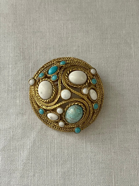 Turquoise & White Cabochon Swirl Dome Brooch