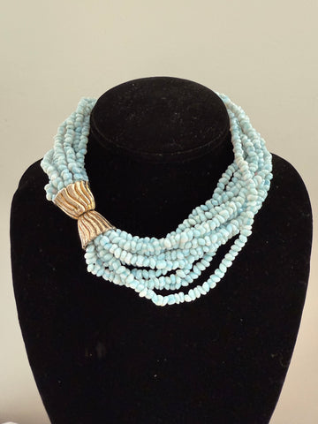 Light Blue Beaded Torsade Necklace with Silver Clasp