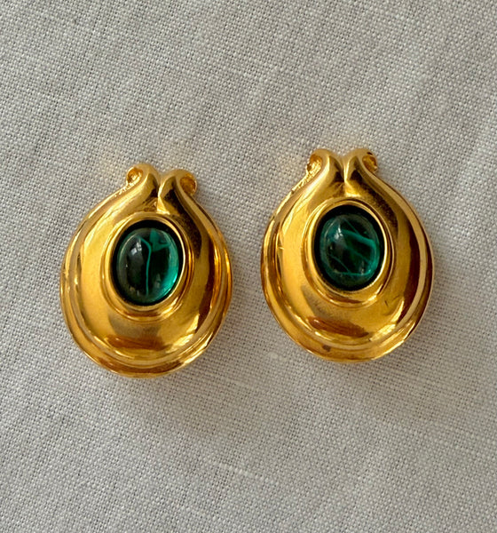 Fendi Green Glass Cabochon Clip On Earrings