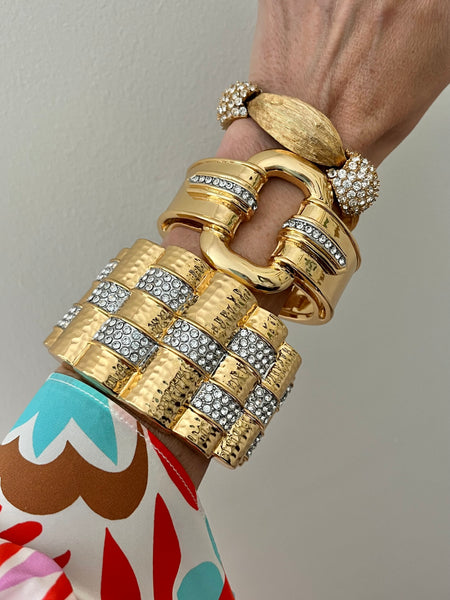 Wide Scalloped Gold Cuff with Rhinestones