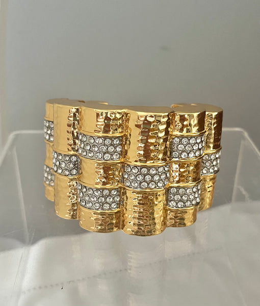 Wide Scalloped Gold Cuff with Rhinestones