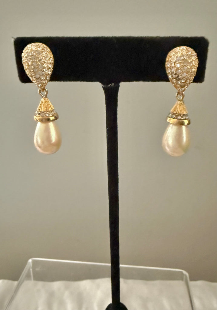 Christian Dior Pearl Pave Clip On Dangle Earrings