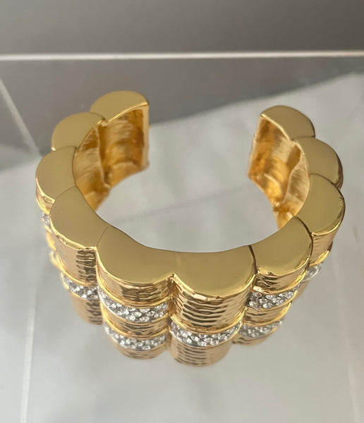 Wide Scalloped Gold Cuff with Rhinestones