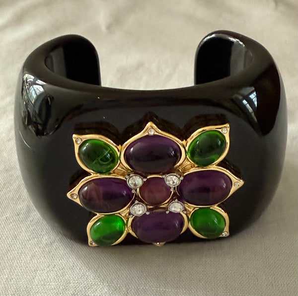 Black Lucite Maltese Cross Cuff Bracelet with Amethyst & Green Glass