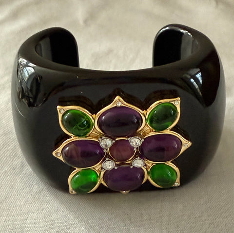 Black Lucite Maltese Cross Cuff Bracelet with Amethyst & Green Glass