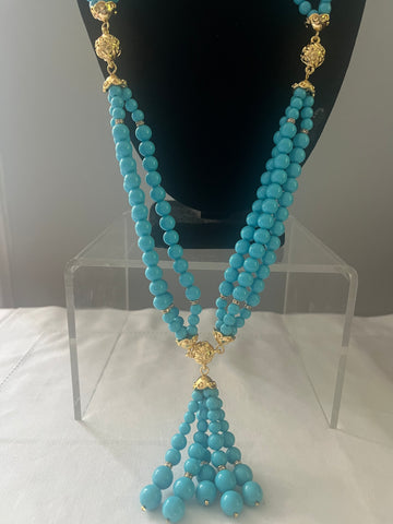 Turquoise Lucite Beaded Tassel Necklace