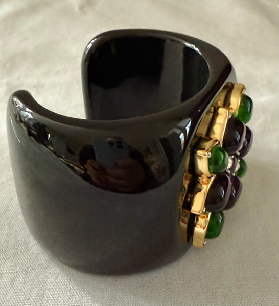 Black Lucite Maltese Cross Cuff Bracelet with Amethyst & Green Glass