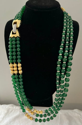 Green Beaded Necklace with Crystal Detail