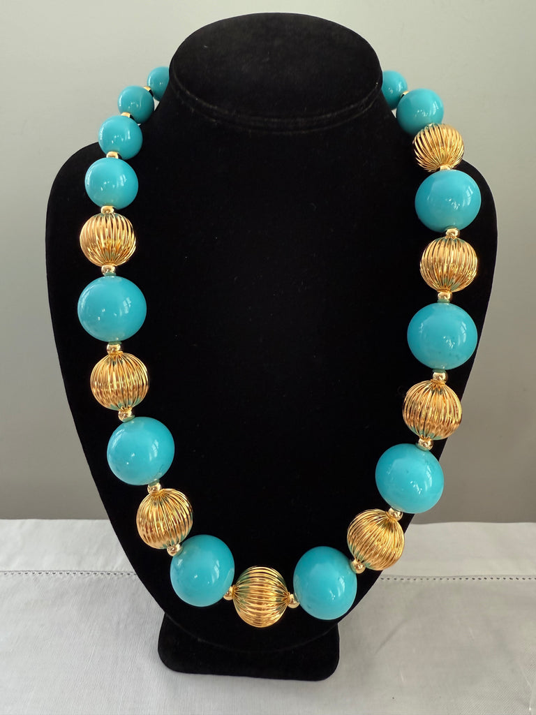 Turquoise Resin and Gold Bead Necklace