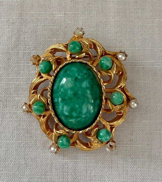 Green Cabochon and Pearl Brooch