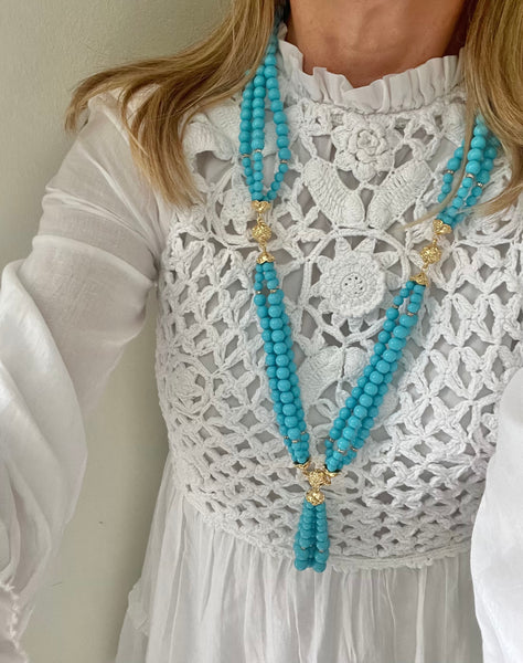 Turquoise Lucite Beaded Tassel Necklace