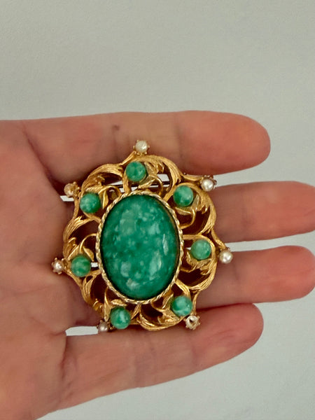 Green Cabochon and Pearl Brooch