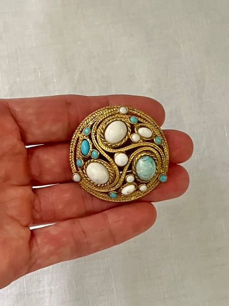 Turquoise & White Cabochon Swirl Dome Brooch